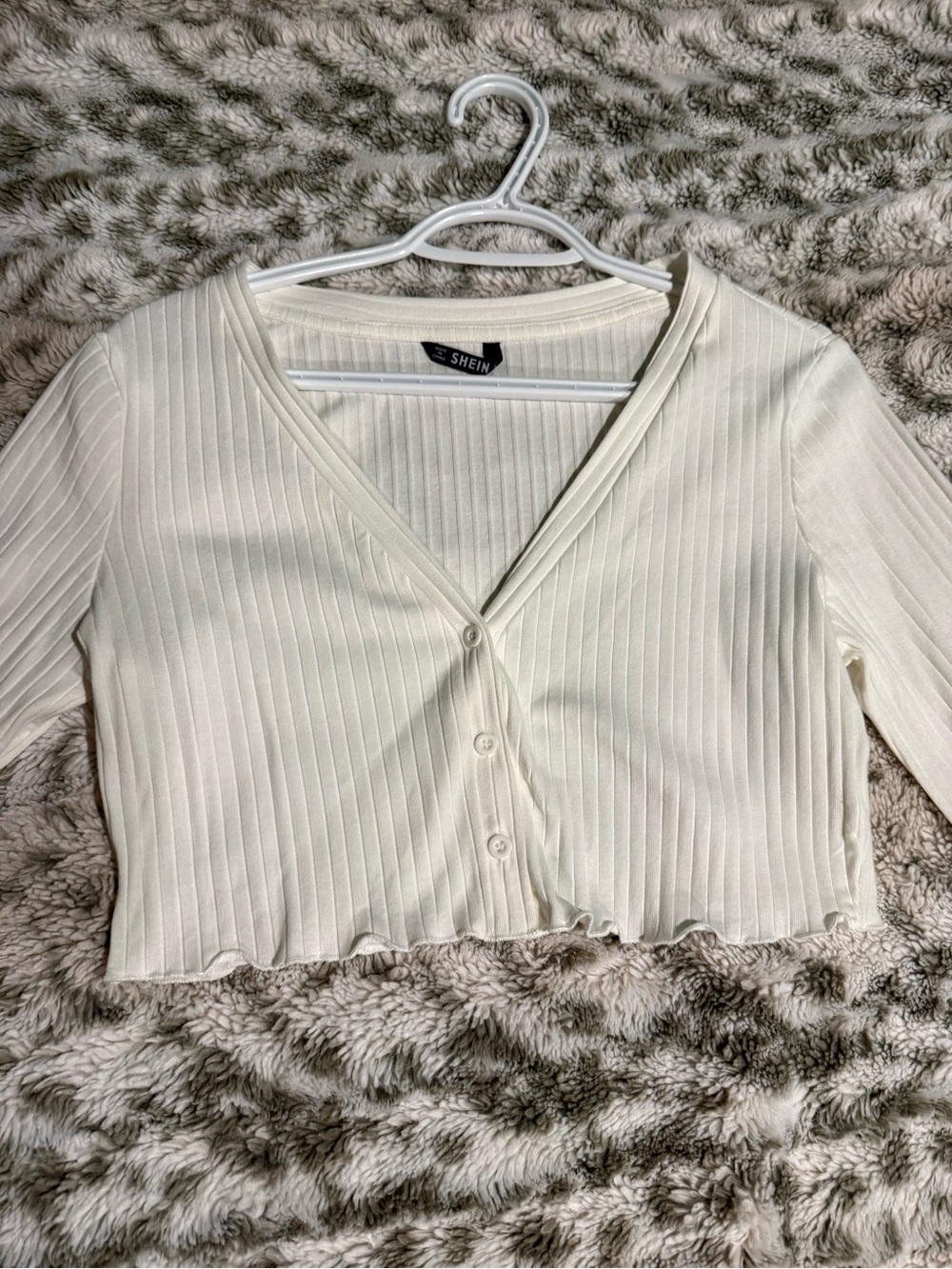 SHEIN Cream Ribbed Cropped V-Neck Button Cardigan